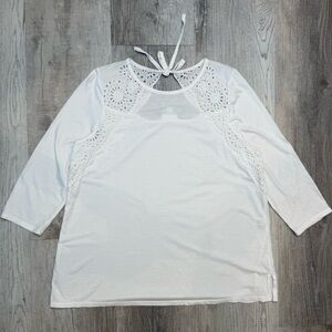 J. Jill White Eyelet Detail Knit Top Womens size L Large Tie Back